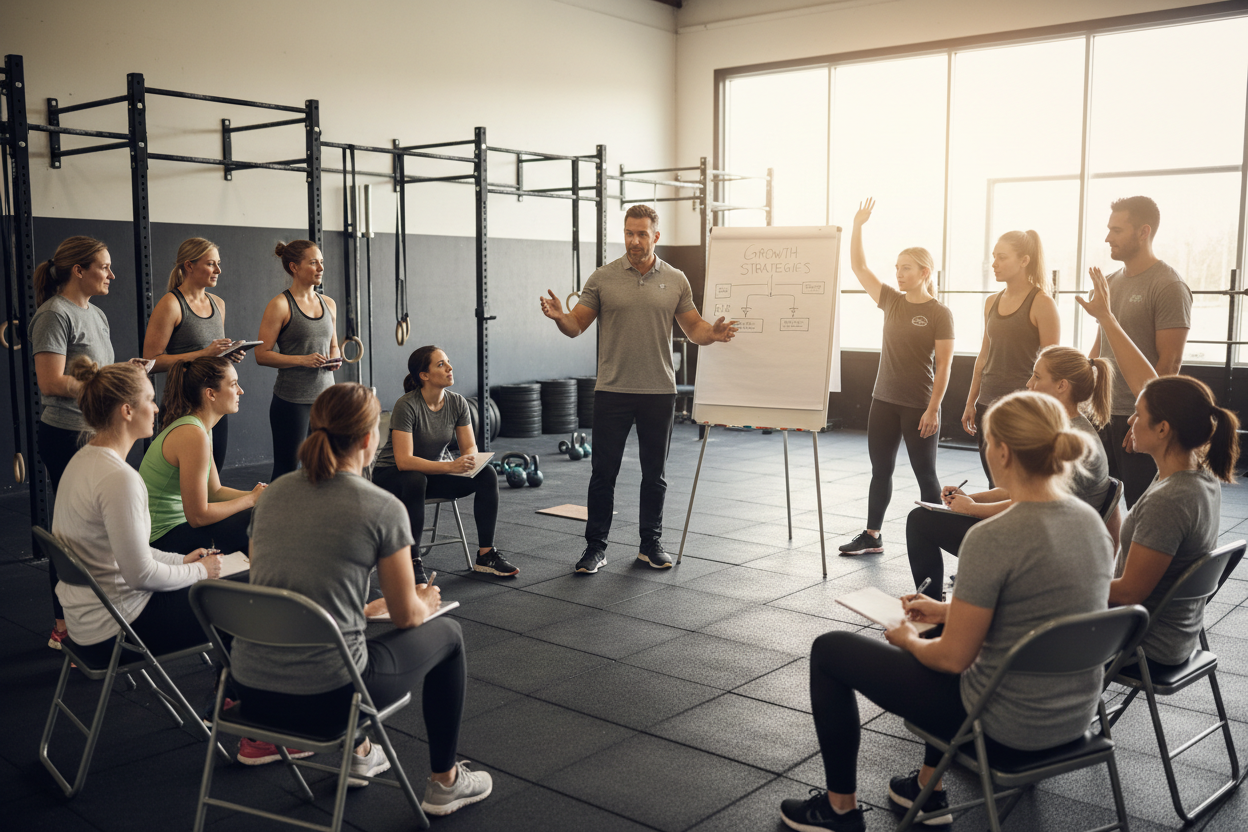 crossfit gym owners in a workshop together being led by a business coach in a gym setting