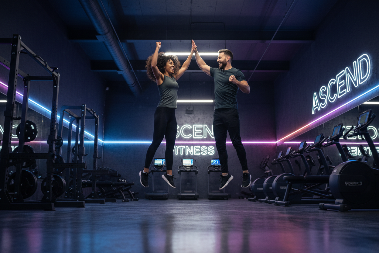gym owners high fiving and celebrating in a modern gym with dark walls and neon lighting
