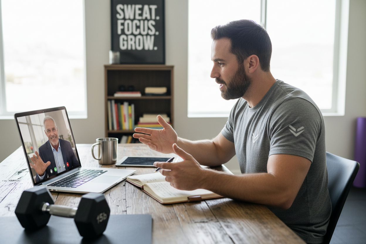 gym owner working remotely with business coach from growth agenda